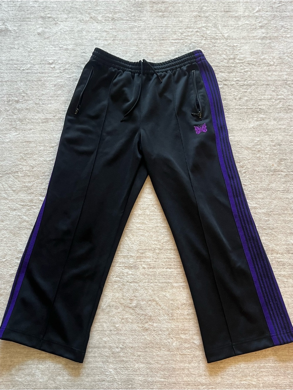 Needles Black Sweatpants with Purple Side Stripes